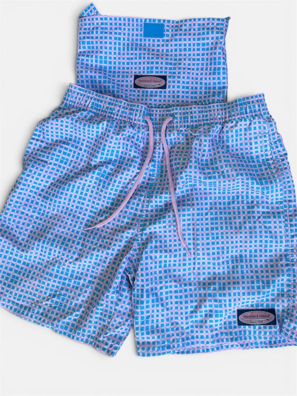 Vineyard Vines Boys Swimsuit Blue Pink Grid Size M (12-14) EUC